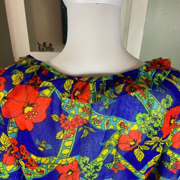 Vintage 70s Lanz Novelty Mushroom Butterfly Poppies Bee Sheer Blouse Tunic Shirt - Picture 7 of 13